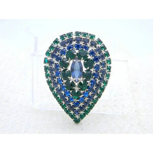 VTG Large Silver Tone Green Blue Rhinestone 3D Pin Brooch